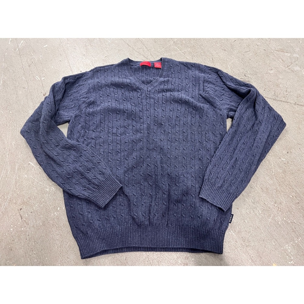Izod Sweater Mens Medium Blue 100% Cotton Cable Knit V-Neck Business Casual Cozy
